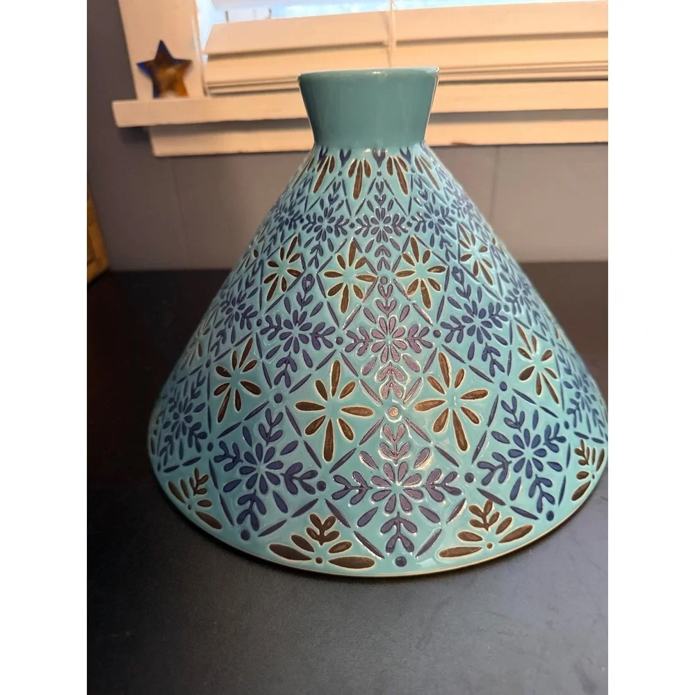 Turquoise Ceramic Pedestal Bowl Embossed Floral Geometric Centerpiece 10in
